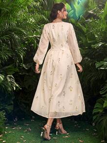 Modelyn 女士优雅刺绣雪纺连衣裙，轻盈梭织面料，春夏款 - 杏色 - 查看 7