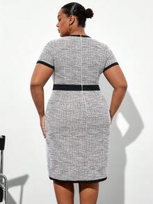 Chikora 大码女装连衣裙，春夏优雅短袖修身撞色通勤连衣裙 - 彩色 - 查看 3