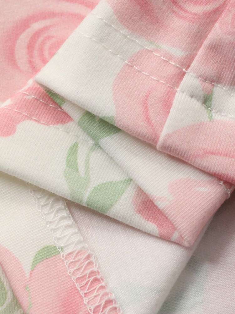 Women's Summer Loose Asymmetrical Pocket Decor T-Shirt Top & Floral Print Pajama Pants Sleepwear Set