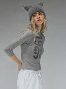 COUREZ Long Sleeve Jersey Top With Front Graphic Print /Y2K Long Sleeve Tops Going Out Tops Women Tops Winter Clothes For Women Blue Top Graphic Tees Women Cute Tops Summer Tops Summer Outfits - Grey - View 4