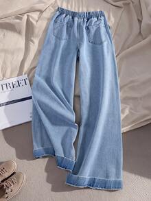 GlowEve 女士心形刺绣松紧腰斜插口袋休闲阔腿牛仔裤 - 藍色 - 查看 2