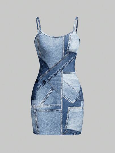 ROMWE Grunge Punk Faux Denim Print Fabric Sexy Retro Grunge Print Camisole Bodycon Mini Dress For Women