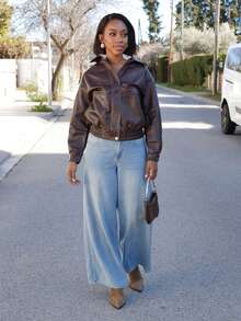 Yess Loren Damen Einfarbige Lange Ärmel Reißverschluss Vorne PU Leder Lässige Jacke, Herbst Frauenkleidung - Kaffeebraun - Übersicht 6