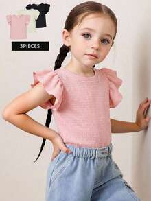 SHEIN 3件套女童纯色圆领荷叶边修身T恤套装 - 彩色 - 查看 2
