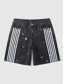 ROMWE MEN Men's Summer Casual Rhinestone Patchwork Striped Slant Pocket Denim Jeans - Black - View 1