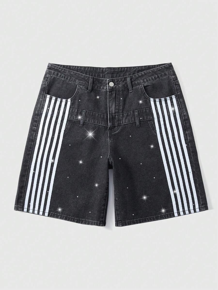 ROMWE MEN Men's Summer Casual Rhinestone Patchwork Striped Slant Pocket Denim Jeans - Black - View 1