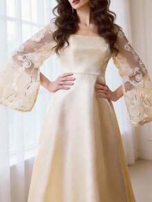 Modelyn Vestido de fiesta elegante para mujer con parches de lentejuelas, mangas de malla transparente y cintura ceñida, de tela de satén - Albaricoque - Ver 4