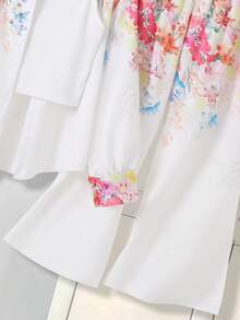 Conjunto de 3 piezas de ropa casual para adolescentes: Cárdigan con solapa, camisa con estampado, top corto ajustado, pantalones anchos con estampado, para primavera/verano, vacaciones, viajes - Blanco - Ver 5