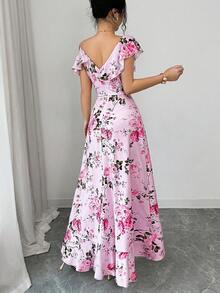 Elenzga 女士春夏新款浪漫复古宫廷风海滩度假氛围套装，适合日常聚会、约会派对，花卉印花，斜领荷叶边不规则下摆设计，粉色长款连衣裙 - 粉色 - 查看 2