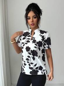 Elenzga 女士印花休闲衬衫，适合休闲、度假和通勤。 - 黑與白 - 查看 3