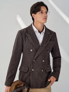 RONVEXI Men's Striped Print Double-Breasted Business Long Sleeve Suit Jacket - Brown - View 5