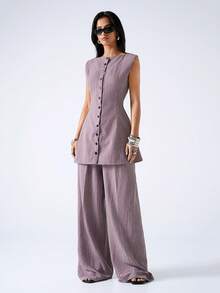 LYSMO 2026 New Arrive Minimalism Spring/Summer Women's Striped Square Neck Collar Vest And Wide Leg Pants Casual Suit Set - Burgundy - View 6