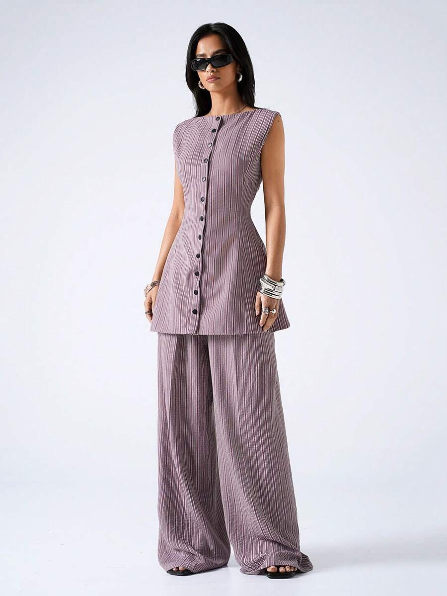 LYSMO 女士条纹方领背心和阔腿裤休闲套装 - 酒紅色 - 查看 1