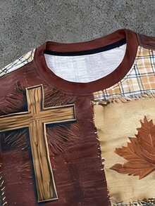 Manfinity Roghcode Men's Vintage Cross & Pumpkin Print Round Neck Short Sleeve T-Shirt - Multicolor - View 3
