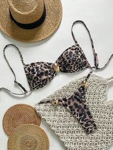 Costavie Bộ đồ nghỉ hè 2 món dành cho nữ, gồm áo quây hai dây màu trơn và bikini dây mảnh với họa tiết vòng tròn vàng. - Nhiều màu - Xem 7