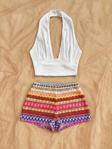 Soleia Bộ đồ 2 mảnh phong cách Bohemian lãng mạn họa tiết hoa: Áo tank top cổ yếm kẻ sọc nhiều màu sắc và quần short, thích hợp cho các dịp thường nhật mùa xuân/hè, đi biển, dự đám cưới, lễ tốt nghiệp, ngày lễ Thánh Patrick, lễ Phục sinh, lễ hội âm nhạc. - Nhiều màu - Xem 2