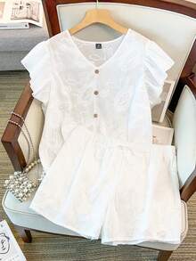 GlowEve CURVE Plus Size Women Embroidered V-Neck Ruffle Sleeve Button-Up Shirt And Shorts Casual 2-Piece Set - Multicolor - View 1