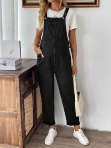 SHEIN Maternity Casual Minimalist Solid Color Drawstring Waist Denim Overalls With Rolled Hem - Black - View 5