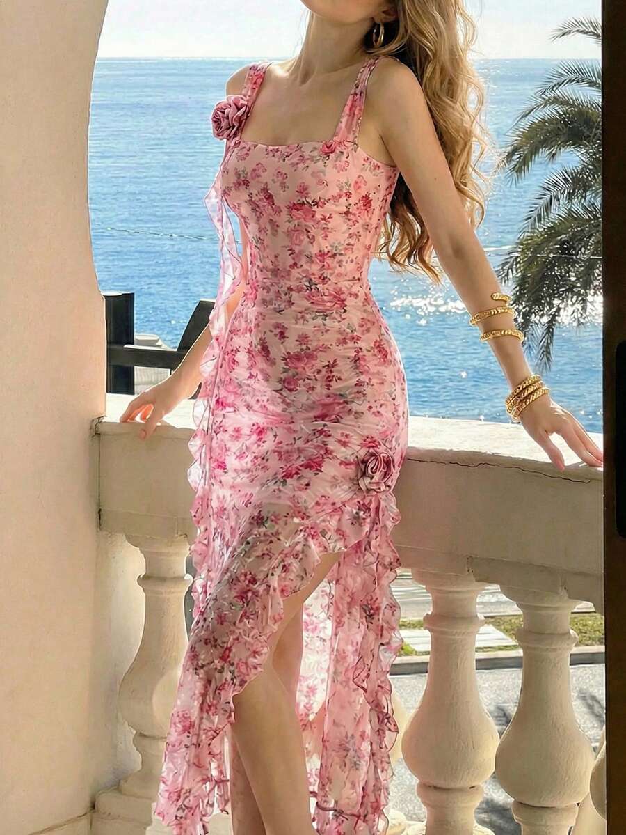 SHEIN MOD 浪漫3D立体花卉蕾丝女装 - 粉色 - 查看 1