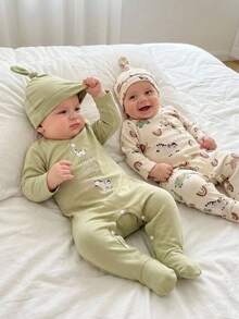 2件套新生儿长袖连脚睡衣，可爱动物园卡通图案，柔软纯棉面料，舒适时尚休闲睡衣套装，春秋季 - 彩色 - 查看 10