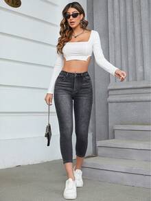 EMERY ROSE Quần jean denim nữ kiểu dáng thường ngày, có túi và cúc - Xám - Xem 4