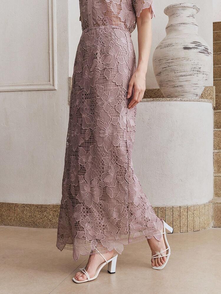 Women's Elegant Sexy Hollow-Out Floral Lace Skirt Lace Maxi Dress