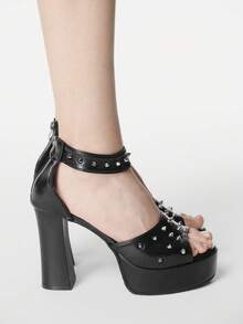 ROMWE Grunge Punk 暗黑摇滚朋克哥特风夏季露趾Y2K派对礼服鞋铆钉搭扣主题活动高跟鞋防水桌鞋女士高跟凉鞋 - 黑色 - 查看 6