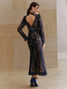 Anewsta 夏季度假轻盈连衣裙，镂空长袖水溶蕾丝性感V领露背修身鱼尾裙摆优雅派对礼服，女士 - 藏蓝色 - 查看 2