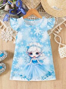 SHEIN 女婴夏季无袖卡通公主雪花印花圆领时尚公主连衣裙，适合日常外出穿着 - 藍色 - 查看 5