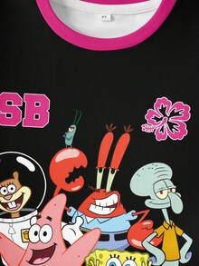 SpongeBob SquarePants | SHEIN 小女孩卡通印花短袖T恤和短裤套装 - 白色 - 查看 7