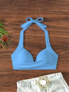 Swim Basics 纯色露背挂脖褶皱泳衣上装，适合海滩度假 - 淺藍色 - 查看 5