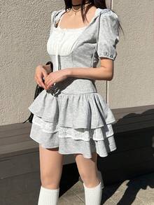 FRIFUL 女士蕾丝拼接连帽花瓣袖蛋糕裙迷你甜美夏日连衣裙 - 灰色 - 查看 1