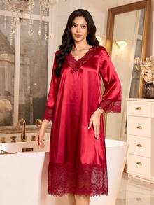 SHEIN Lace Patchwork V-Neck Long Nightgown, Wine Red - Burgundy - View 4