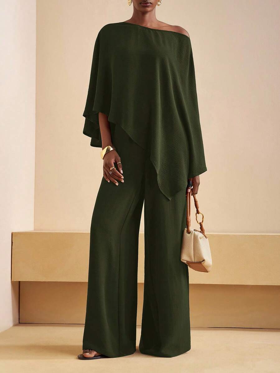 Zivah Bộ đồ nữ mùa thu đông 2025 mới, kiểu dáng thường ngày, áo lệch vai màu nâu rộng rãi phối quần ống rộng cạp cao, thích hợp cho đi học, đi xem hòa nhạc, dự tiệc, Halloween, Giáng sinh, tiệc brunch, đi chơi, đi nhà thờ, du lịch, mua sắm.