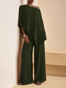 Zivah Bộ đồ nữ mùa thu đông 2025 mới, kiểu dáng thường ngày, áo lệch vai màu nâu rộng rãi phối quần ống rộng cạp cao, thích hợp cho đi học, đi xem hòa nhạc, dự tiệc, Halloween, Giáng sinh, tiệc brunch, đi chơi, đi nhà thờ, du lịch, mua sắm. - Màu xanh lá cây đậm - Xem 4