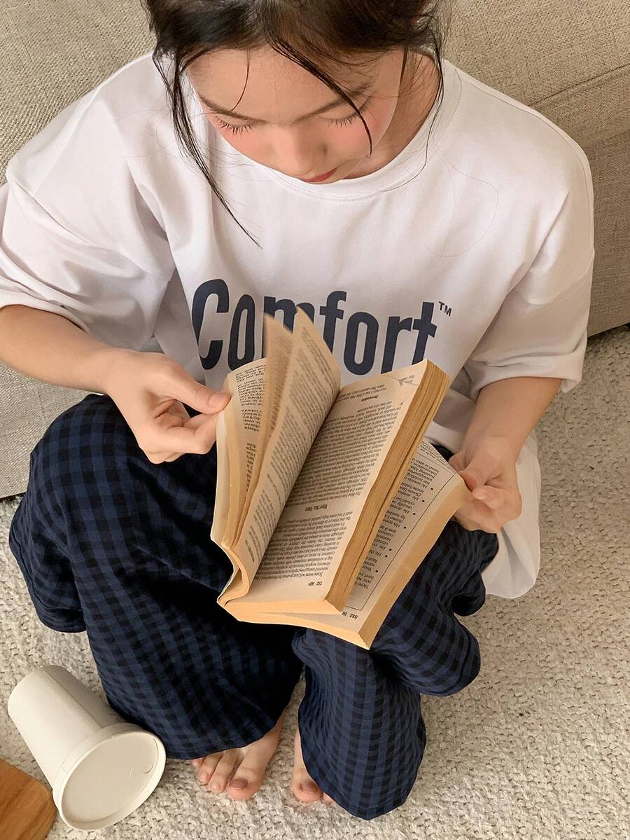 DAZY Tween Girls Crew Neck Printed Short Sleeve T-Shirt & Plaid Sweatpants Homewear Set, Autumn - Navy Blue - View 1