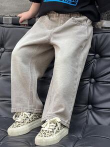 DAZY 男童纯色斜插口袋松紧腰休闲牛仔裤 - 灰色 - 查看 6