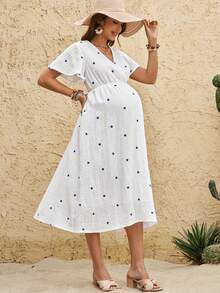 Boho Mama 哺乳V领爱心印花休闲短袖连衣裙 - 白色 - 查看 5