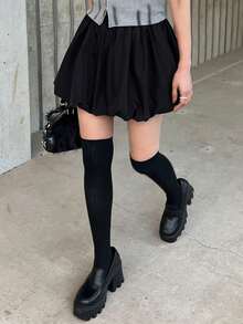 FRIFUL Women's Solid Black Pleated Short Flared Hem Loose Casual Versatile Skirt - Black - View 6