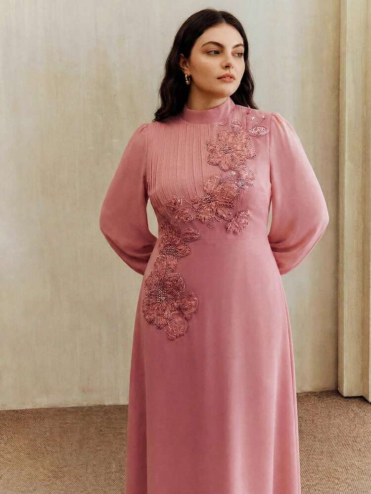 Anewsta Spring/Summer New Arrival Elegant Plus Size Women's Chiffon Dress, Round Neck, Long Sleeve, Pleated, Embroidered Applique, Waist Cinched A-Line