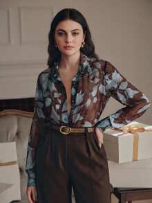 Anewsta 大码女士优雅印花衬衫，百搭时尚，适合度假、夏季、秋季、冬季、春季、新年、派对、婚礼、优雅、时尚、正式、工作、感恩节、节日、情人节等场合。 - 棕色 - 查看 3