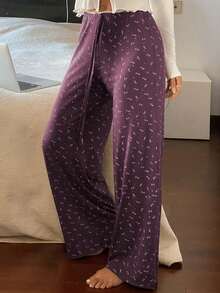Livesso 碎花针织撞色滚边腰部宽松直筒长款睡裤，适合春夏女装 - 淡紫色 - 查看 3