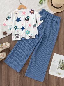 SHEIN 2pcs/Set Girls Floral All-Over Print T-Shirt And High Waist Textured Wide Leg Pants Set - Blue - View 2
