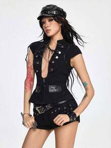 ROMWE Grunge Punk 朋克风金属扣深V领修身女式衬衫 - 黑色 - 查看 3