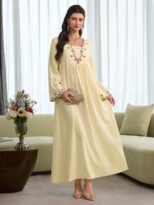 Al Najma Đầm tay xòe thêu tinh tế, thời trang cho mùa xuân/hè. - Màu vàng - Xem 4