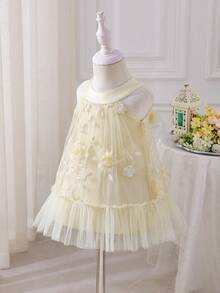 Glamorique Kids 女婴优雅3D立体花卉下摆网纱拼接无袖连衣裙，适合夏季旅行、生日派对、演出服 - 杏色 - 查看 5
