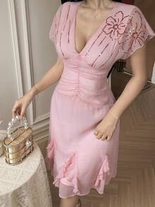 Feyla 女士花卉亮片荷叶边袖优雅连衣裙 - 粉色 - 查看 5