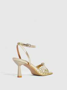 CUCCOO SZL 金色金属方头编织带高跟凉鞋，踝带粗跟露趾鞋，奢华派对晚宴鞋，复古优雅通勤约会鞋，金属色凉鞋，尽显高端精致气质 - 金色 - 查看 3