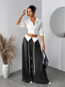 SHEIN SXY Quần kẻ sọc cạp cao màu đỏ cỡ lớn cho nữ, phù hợp mặc hàng ngày, công sở, đơn giản, đi làm, thanh lịch, giản dị, mua sắm, dạo phố, đi chơi, đơn giản và đa năng, dễ phối đồ và trông thon gọn, tôn dáng, tôn dáng, xuân/hè - màu đen - Xem 3