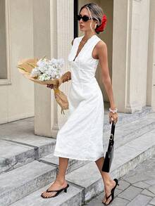 Serisse 女士夏季度假风简约纯色露肩深V领无袖收腰连衣裙 - 白色 - 查看 6